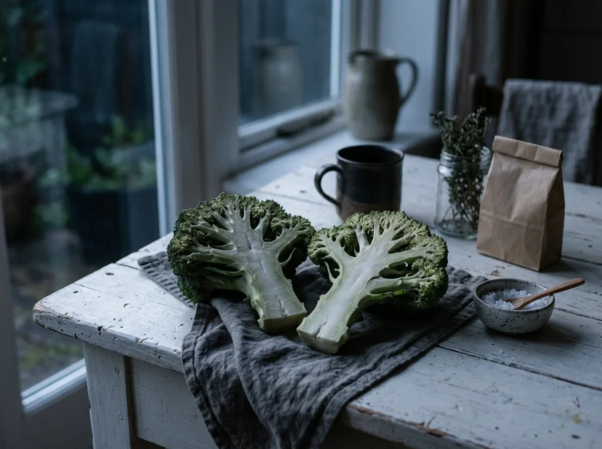 A broccoli head cut in half lengthwise, the stem still firm and the cut face dull.
