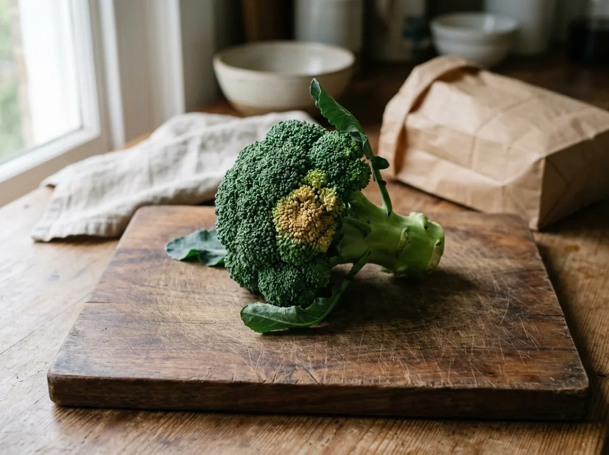 A broccoli head with one coin-sized patch of buds turned pale yellow among the green.