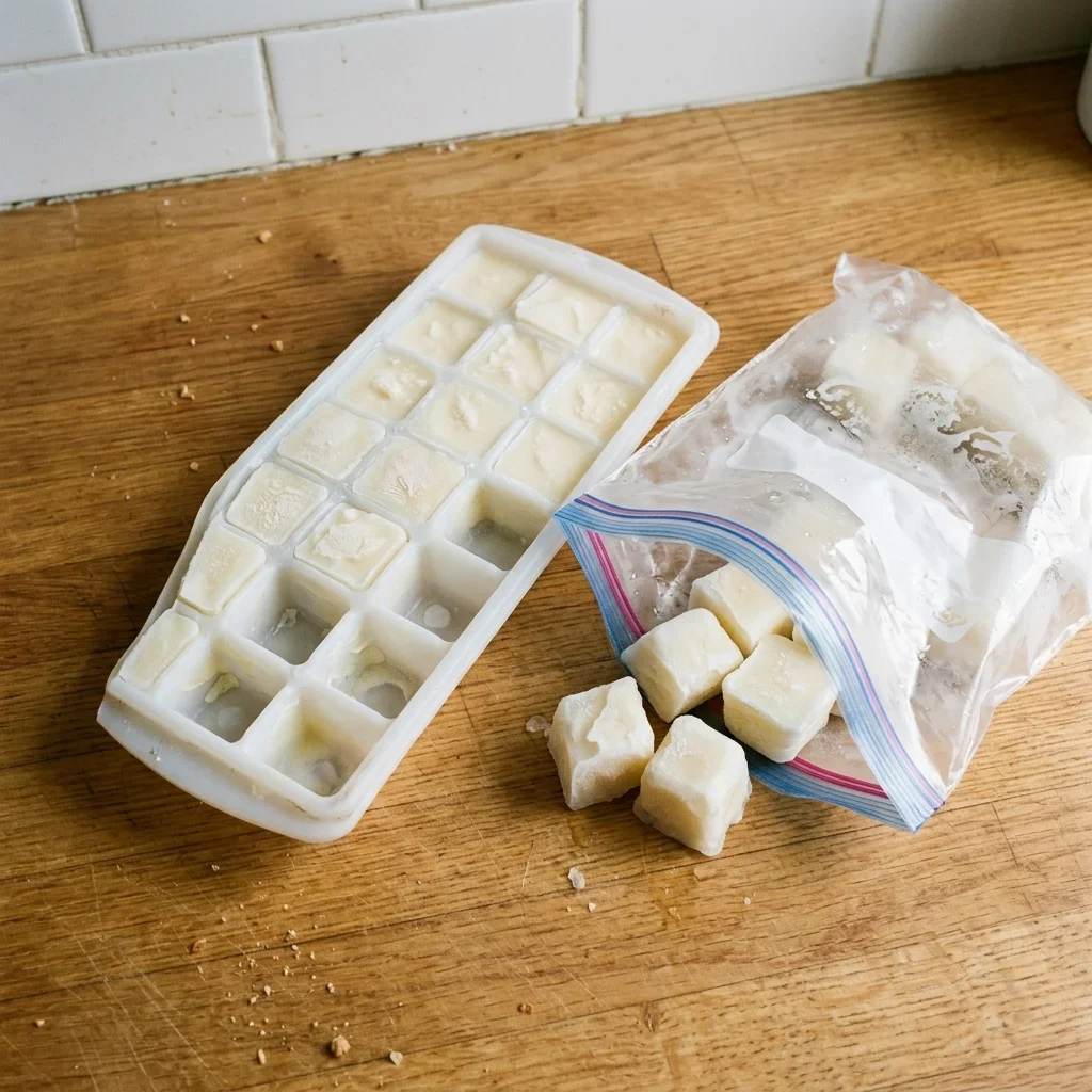Buttermilk frozen in an ice cube tray in recipe-sized portions