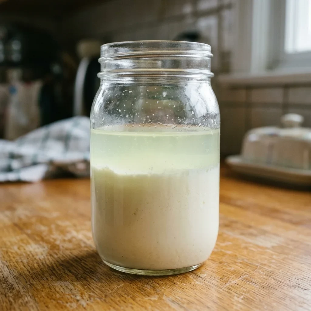 Buttermilk separated into a watery layer and a thicker layer in a glass jar