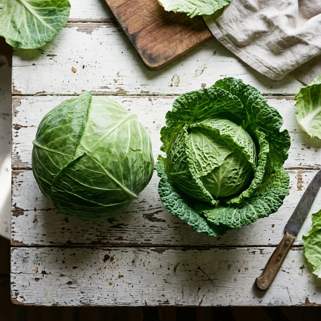 Two cabbages side by side, one tight and heavy and one with loose leaves lifting away from the head.
