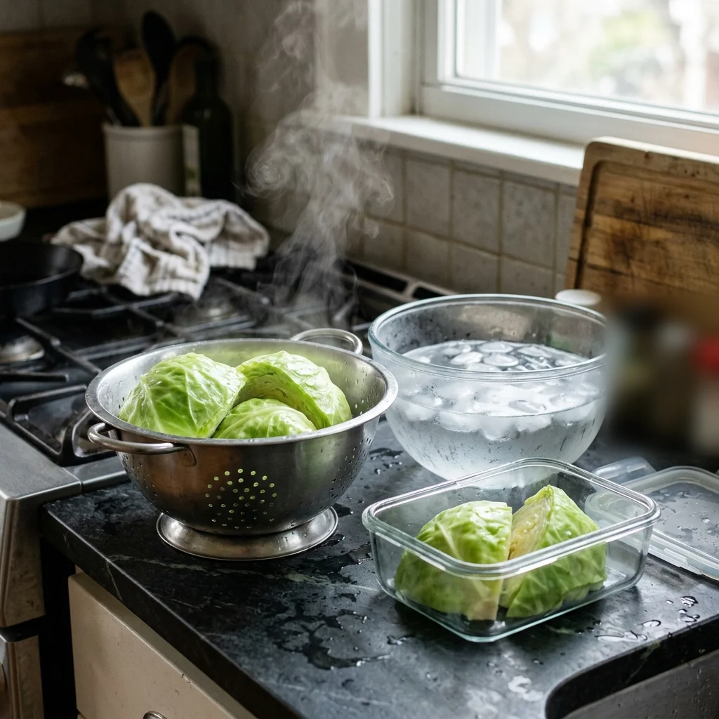 Blanched cabbage wedges draining beside a plain freezer container and a bowl of ice water.