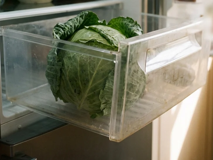 A whole unwashed cabbage in an open crisper drawer, the place to store cabbage so it lasts.