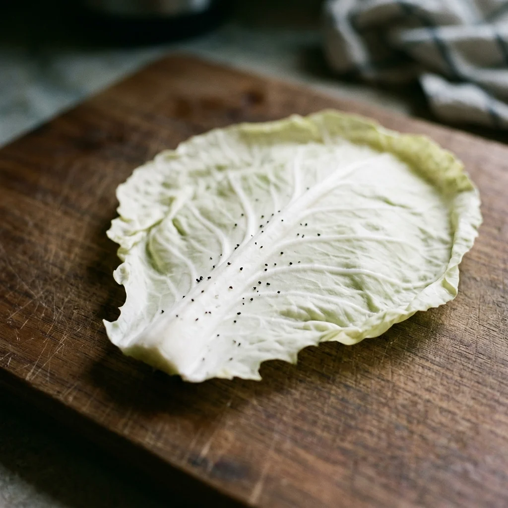 Tiny black specks scattered along the white midrib of a cabbage leaf.
