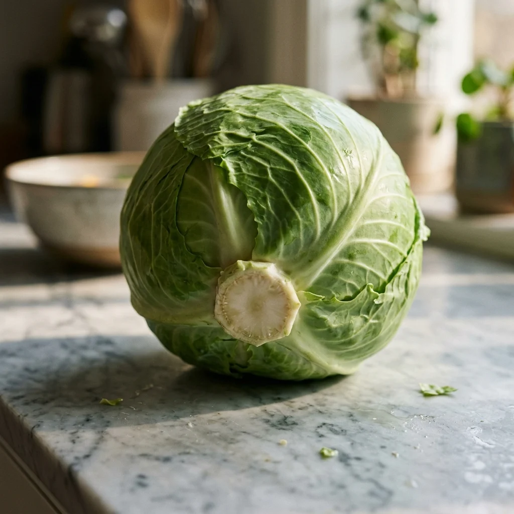 A firm green cabbage with tight, squeaky leaves and a clean cut stem.