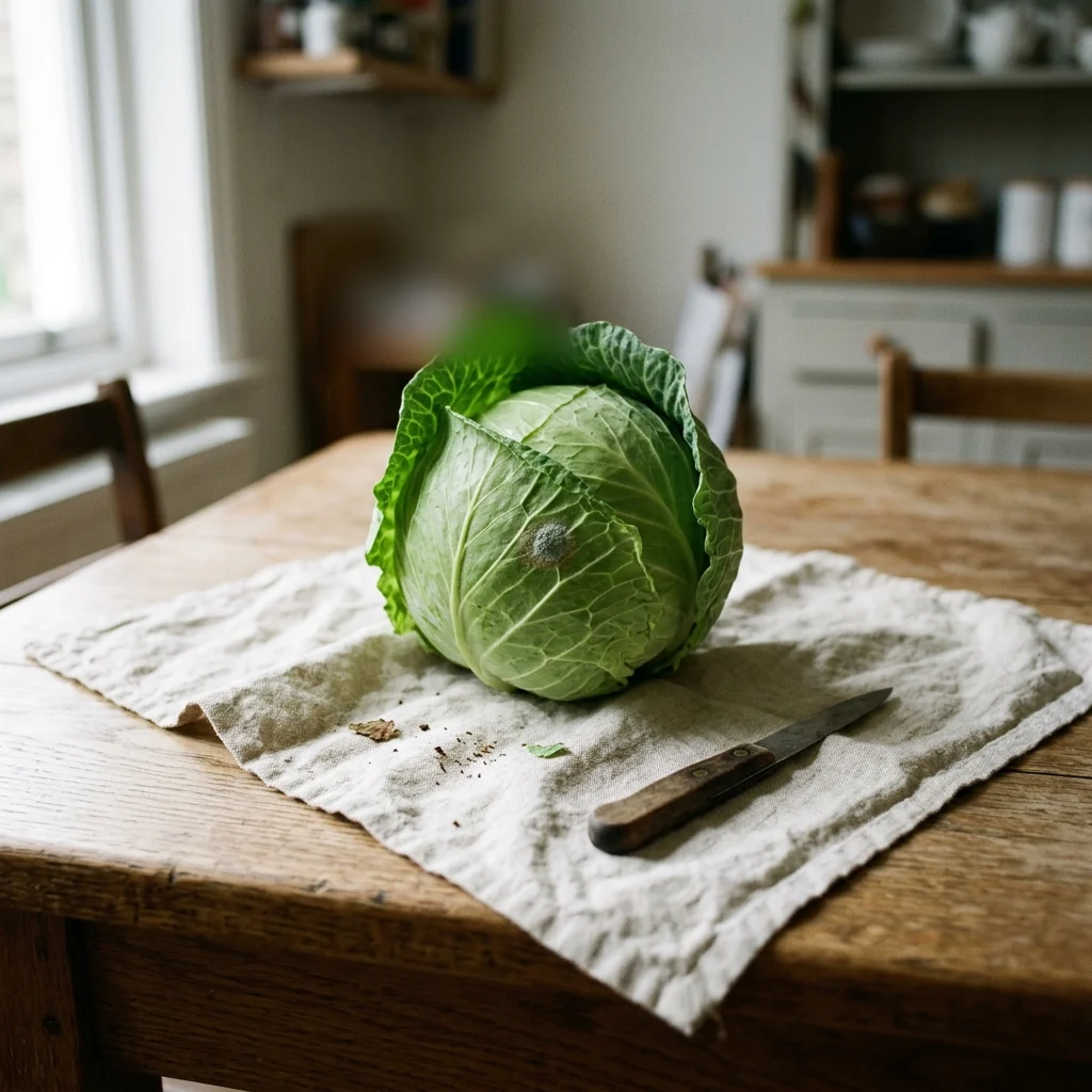 A small patch of mold on the outer leaf of an otherwise firm cabbage, with a knife alongside.