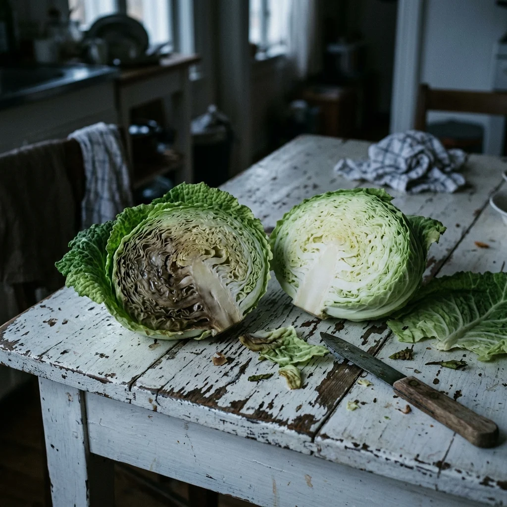 A cabbage cut in half, one half soft and darkened toward the core, the other still pale and firm.