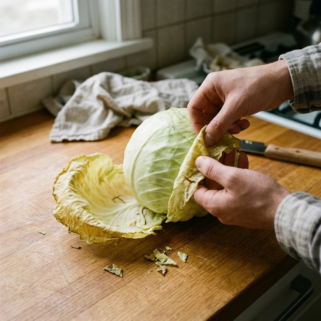 A cabbage with two yellowing outer leaves peeled back to show firm pale leaves beneath.