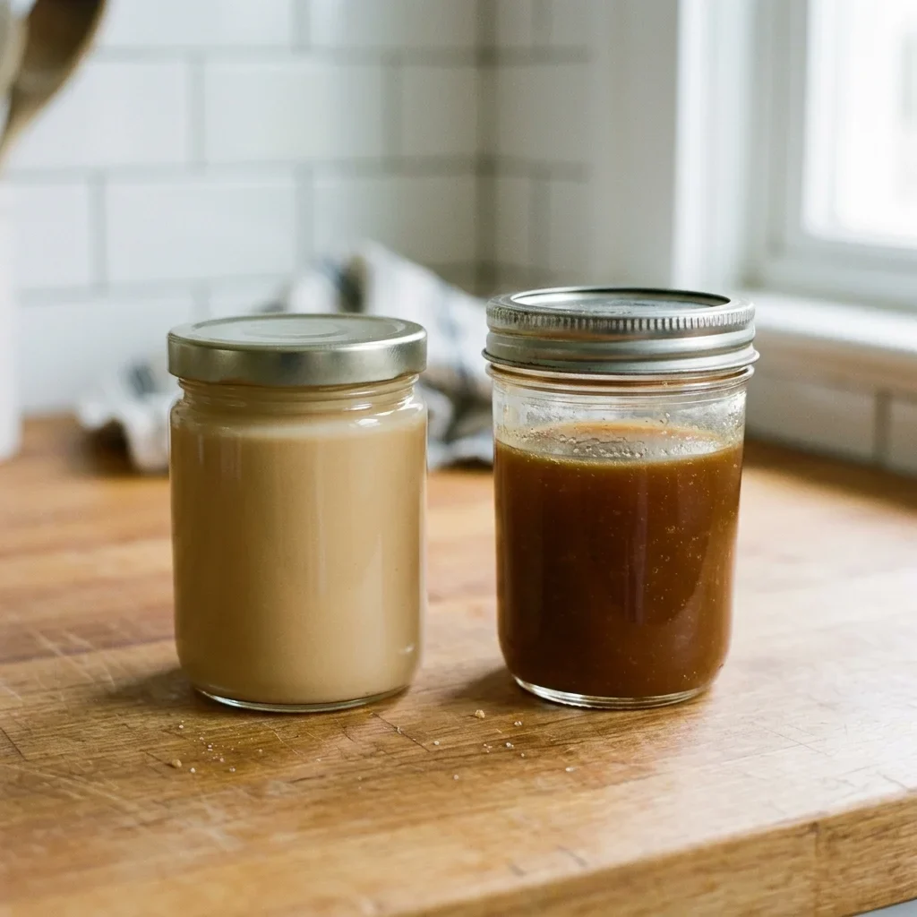 A store-bought jar of caramel sauce beside a jar of darker homemade caramel