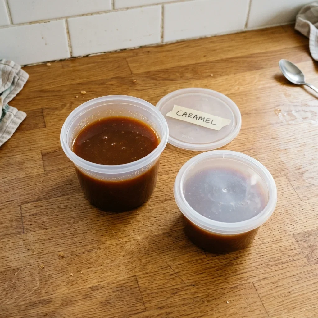 Cooled caramel sauce packed into a plain plastic container for the freezer