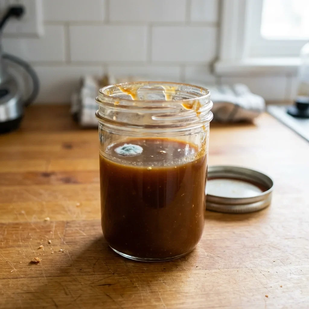A small patch of mold on the surface of caramel sauce in a jar