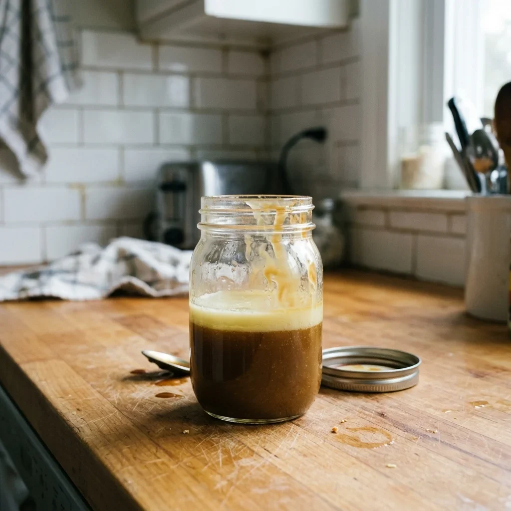 A pale layer of butterfat separated on top of caramel sauce in a jar