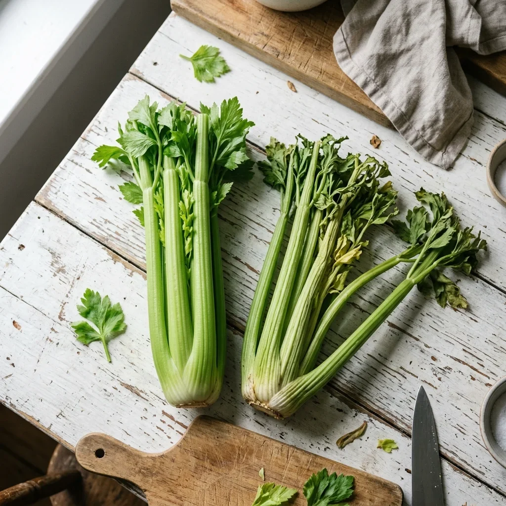 Two bunches of celery side by side, one compact and upright, one limp and splayed.