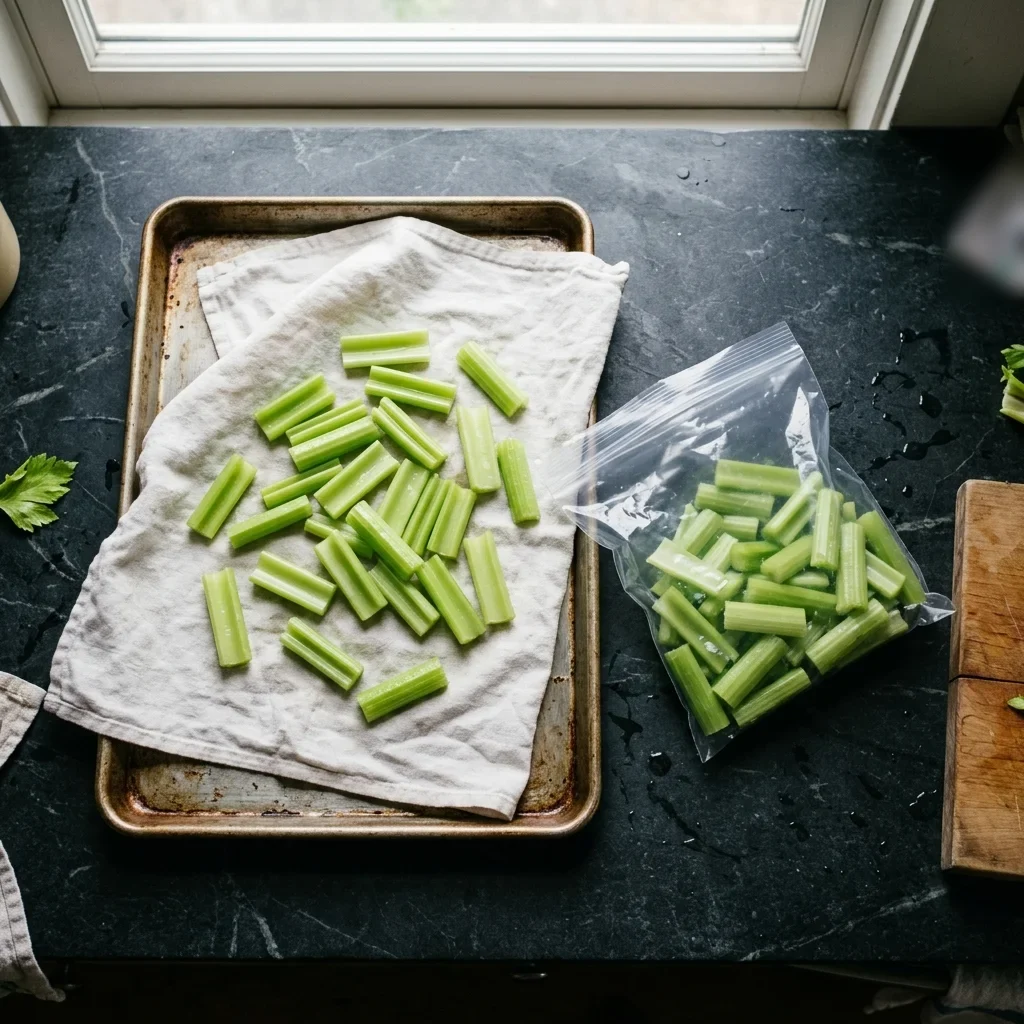 Blanched celery pieces draining on a tray beside a plain freezer bag.