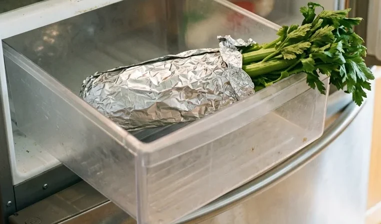 A head of celery wrapped in foil in a crisper drawer, the way to store celery so it stays crisp.