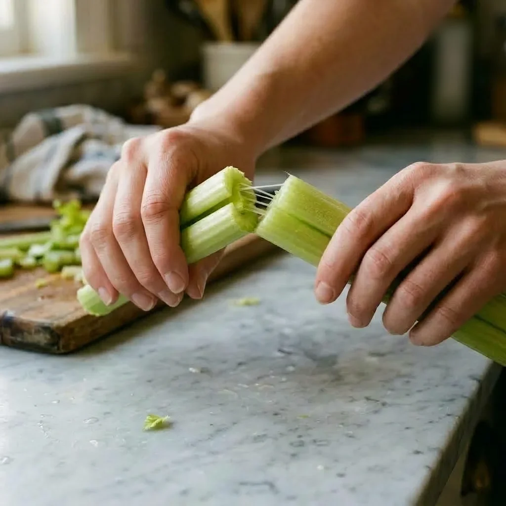 A pale green celery rib snapping cleanly in half.