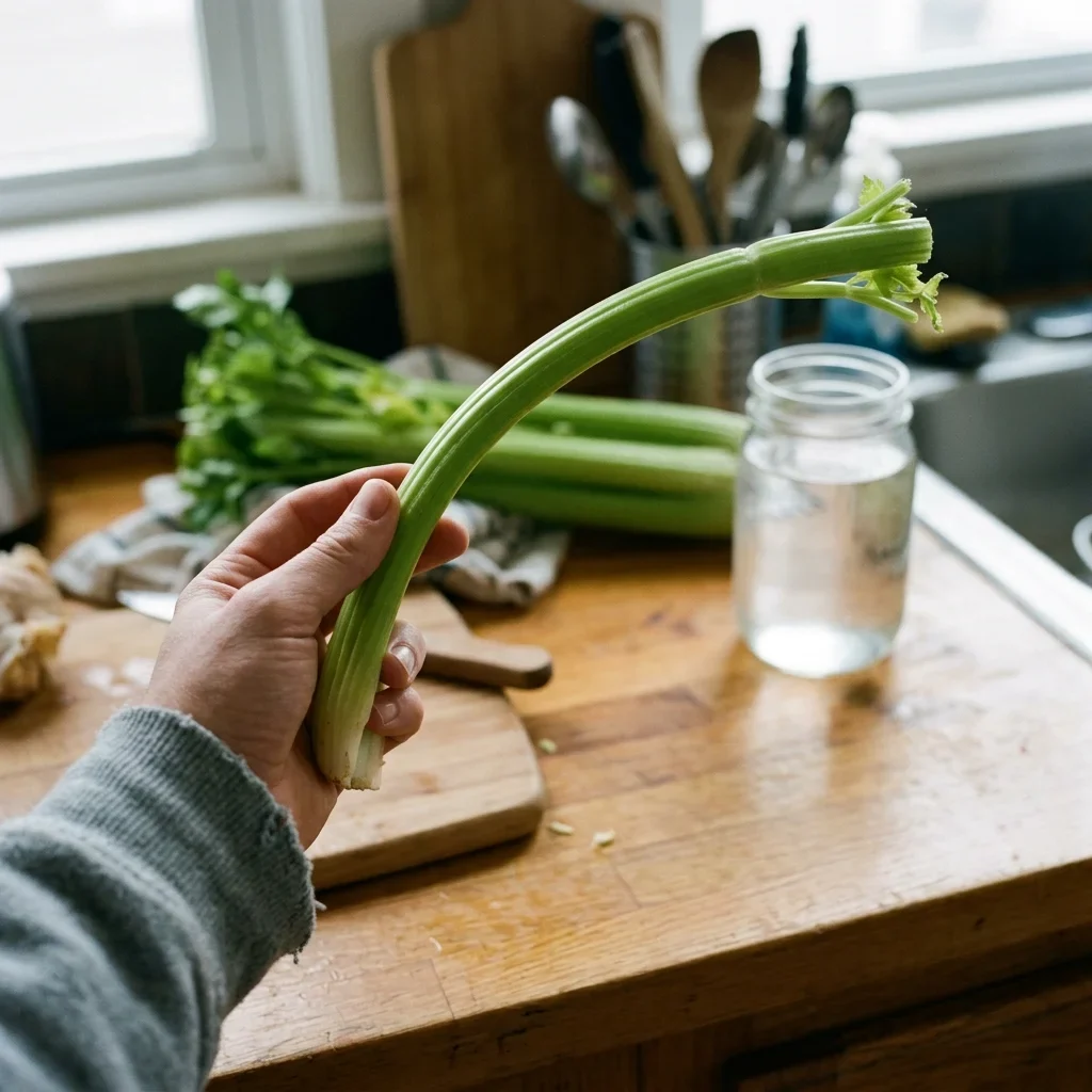 A celery rib bending over in a hand without snapping.