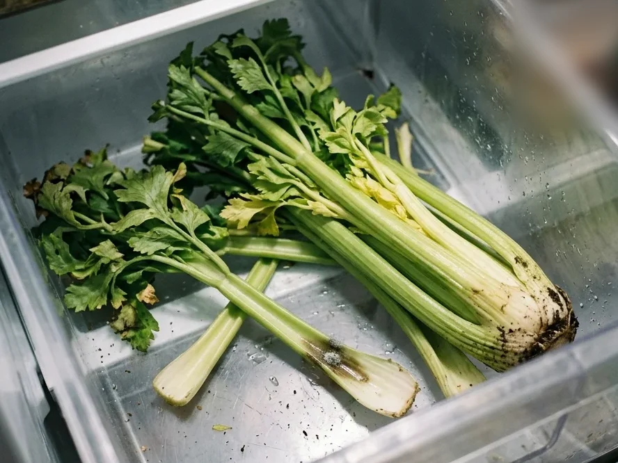 Celery ribs in a fridge drawer, one with a small dark slick patch and a speck of pale mold near its base.