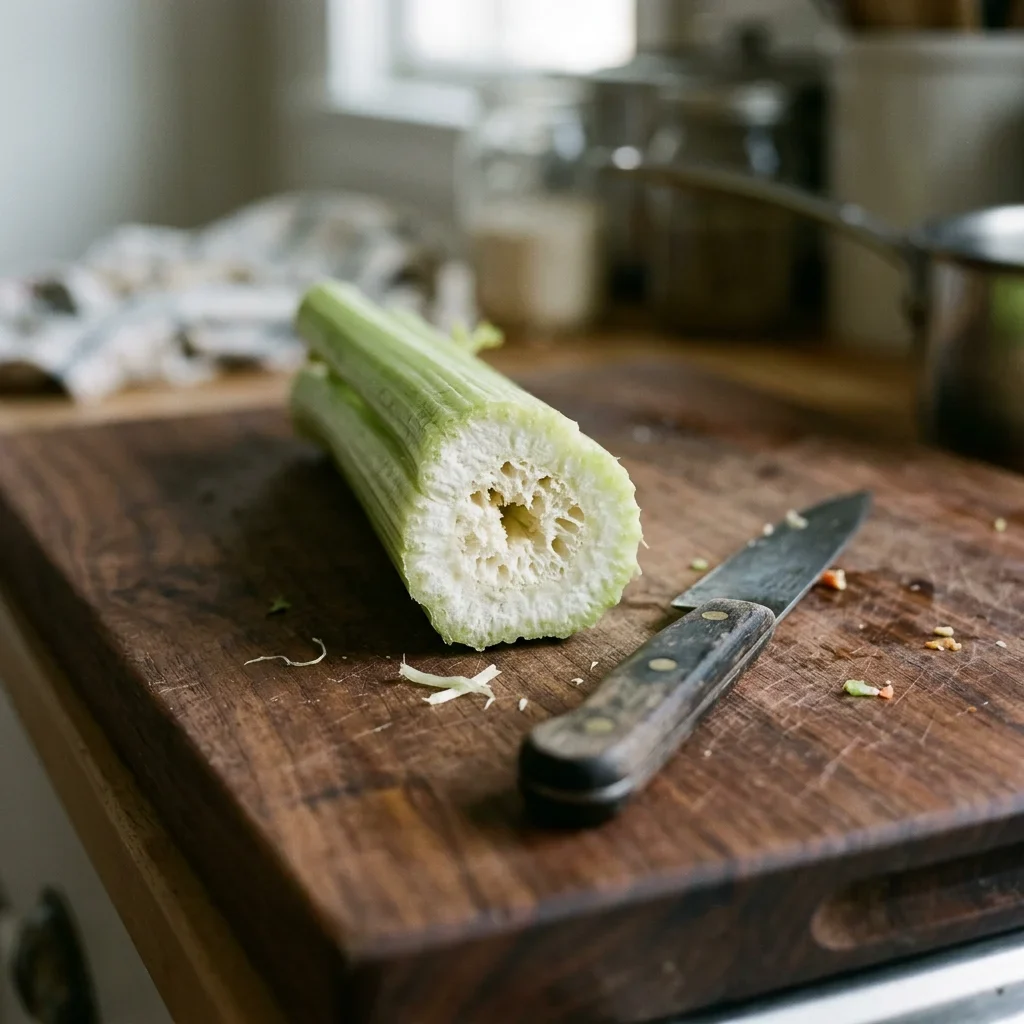 A celery rib cut across to show a white, dry, spongy centre instead of solid green.
