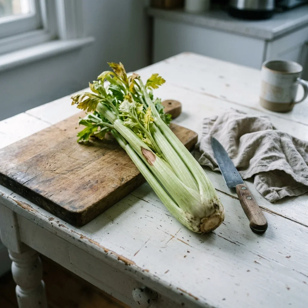 A head of celery with leaves gone yellow at the tips and a small brown patch on one rib.