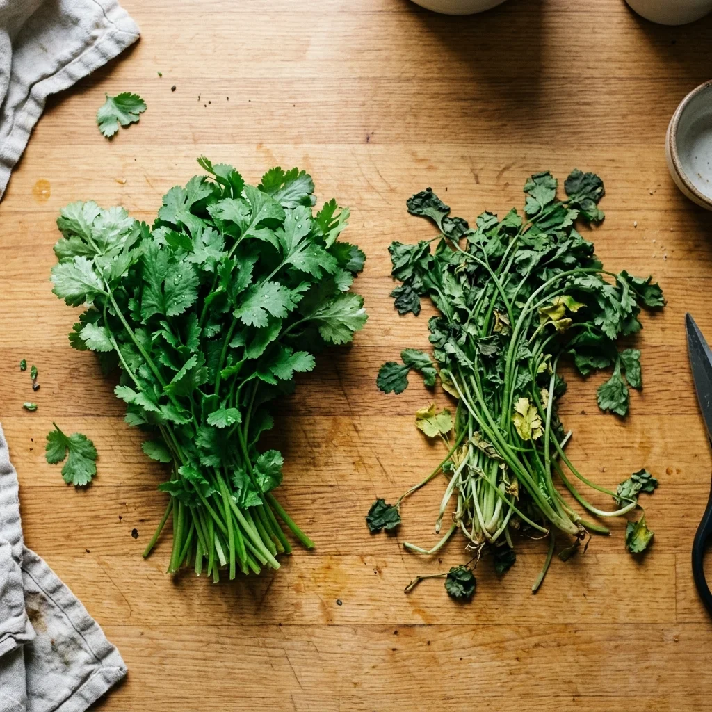 Two bunches of cilantro side by side, one deep green and upright, one limp and yellowing.