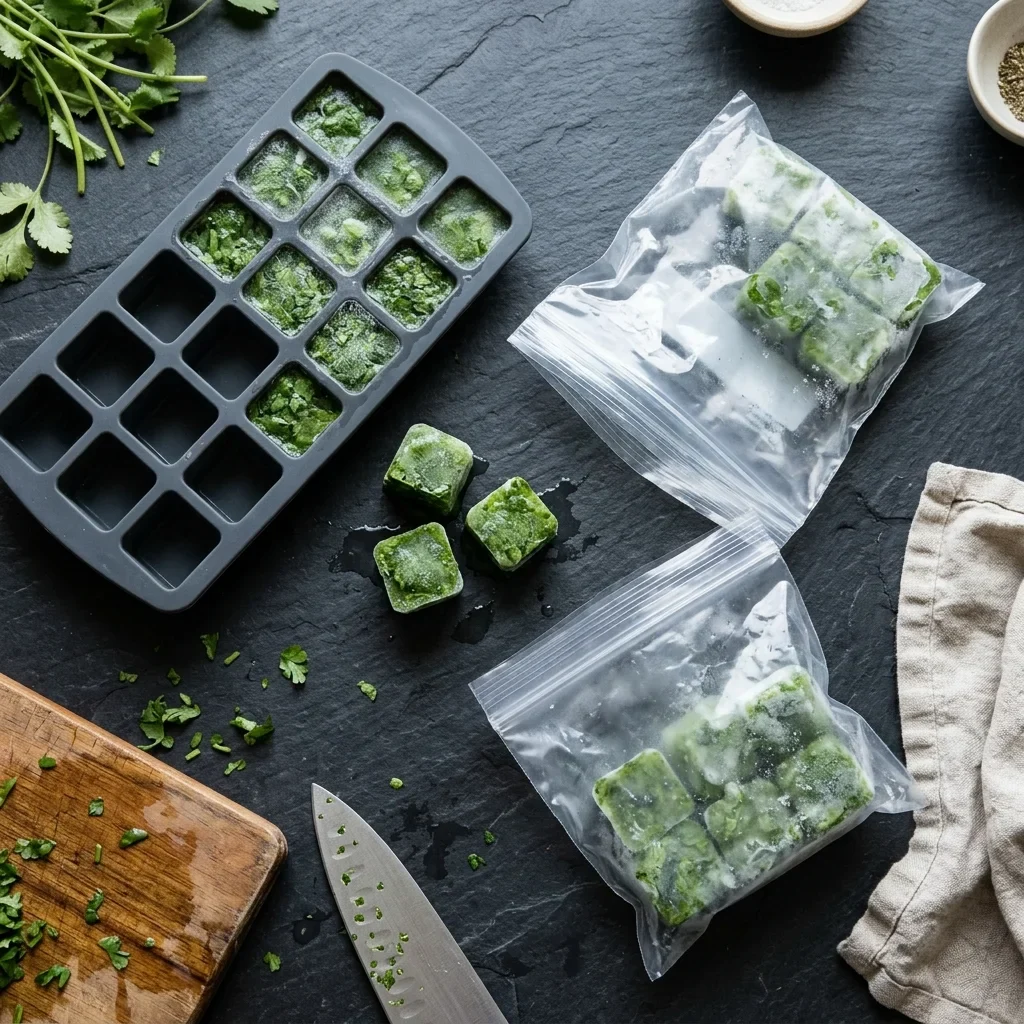 Chopped cilantro frozen in an ice cube tray beside two plain freezer bags of green cubes.