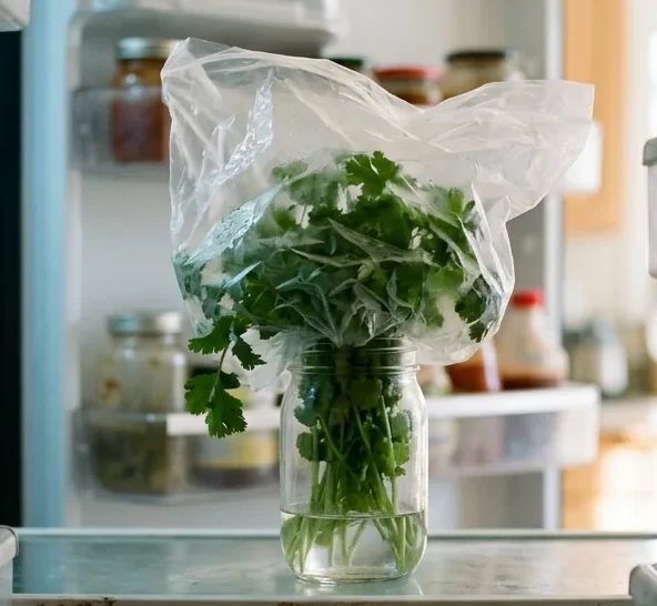 A jar of cilantro stems in water with a loose bag over the leaves, the way to store cilantro in the fridge.