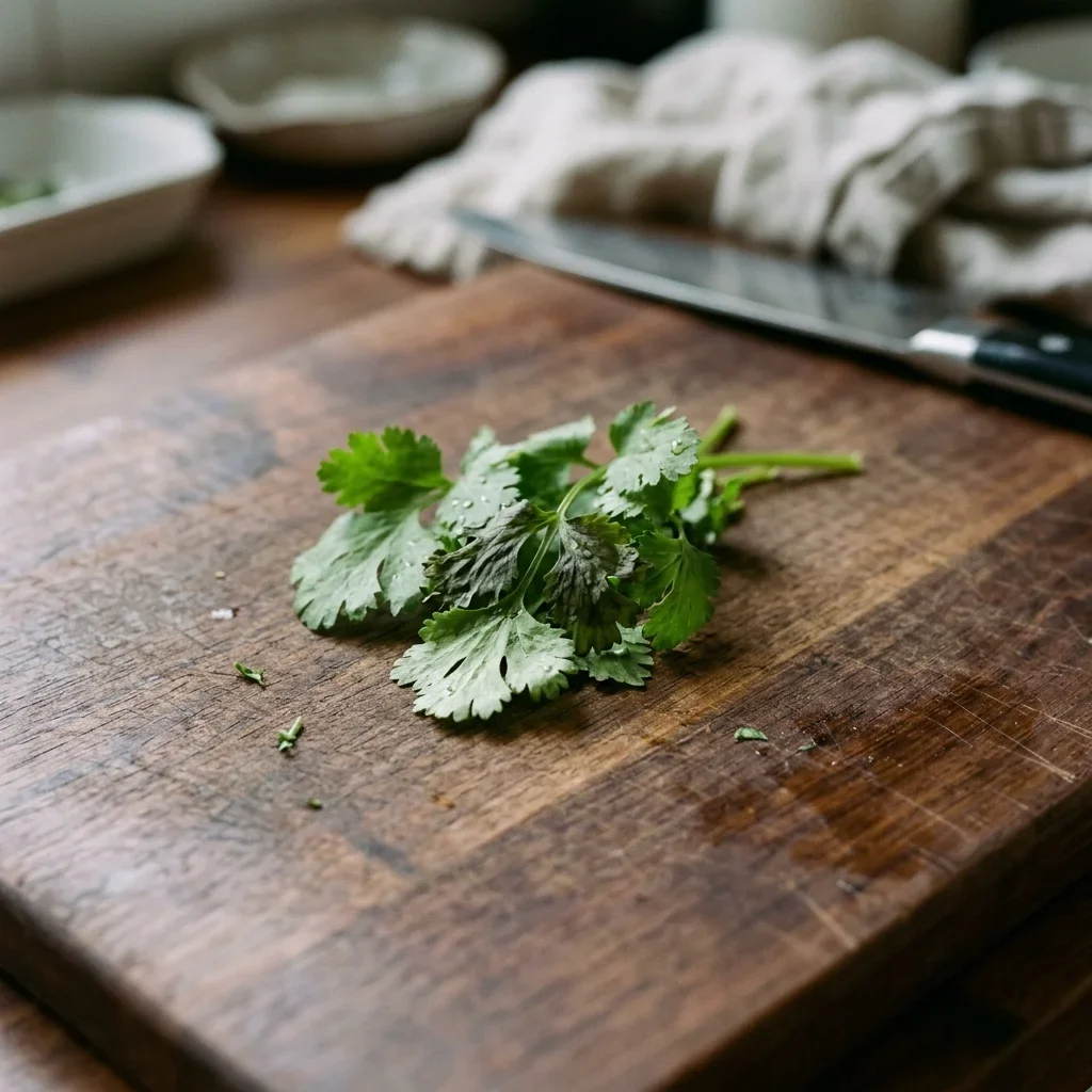 A sprig of cilantro with two small collapsed black leaves among healthy green ones.