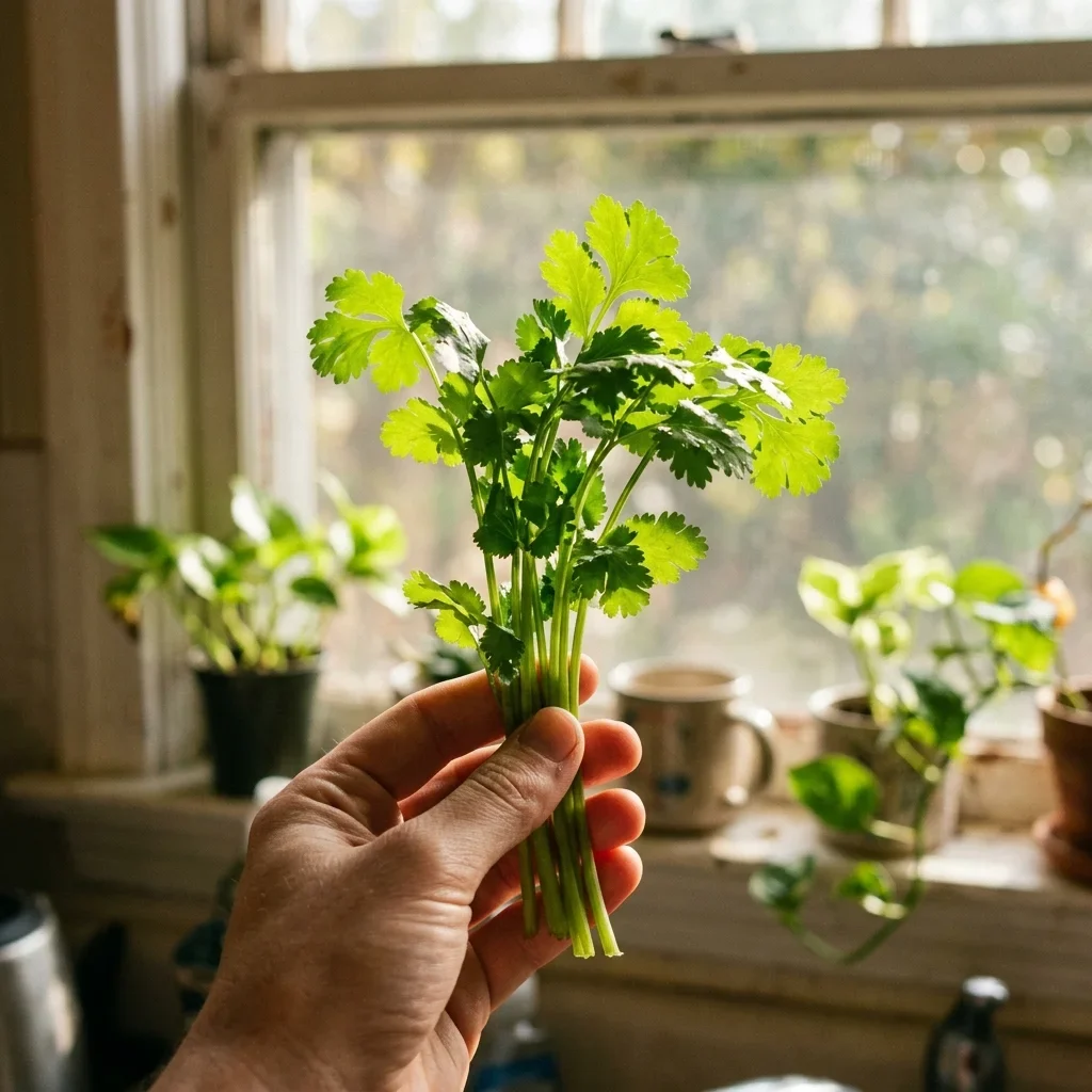 A bunch of bright green cilantro with firm upright stems and no yellow leaves.