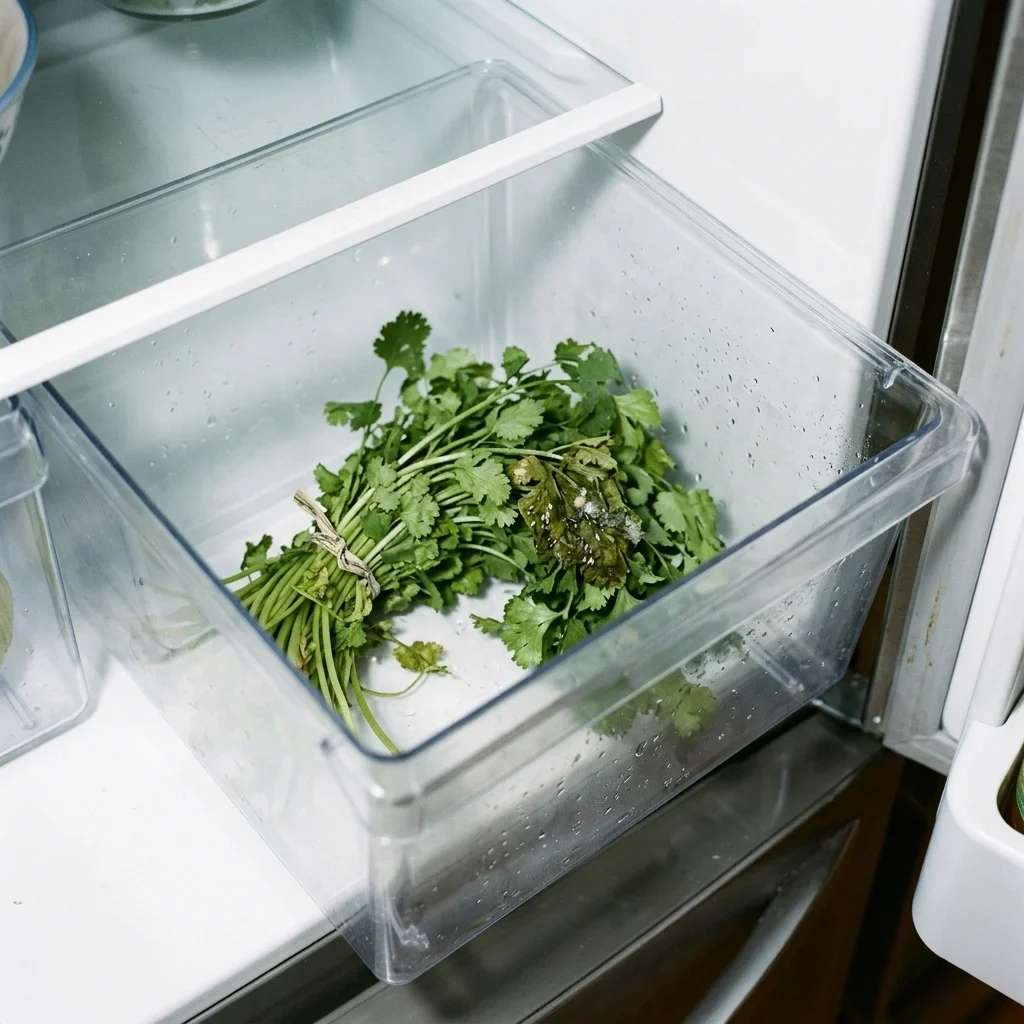 A bunch of cilantro in a fridge drawer with a few leaves stuck in a dark slick clump and a speck of pale mold.