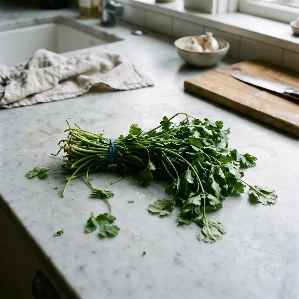 A bunch of cilantro gone limp, the leaves drooping and the stems flopping over.