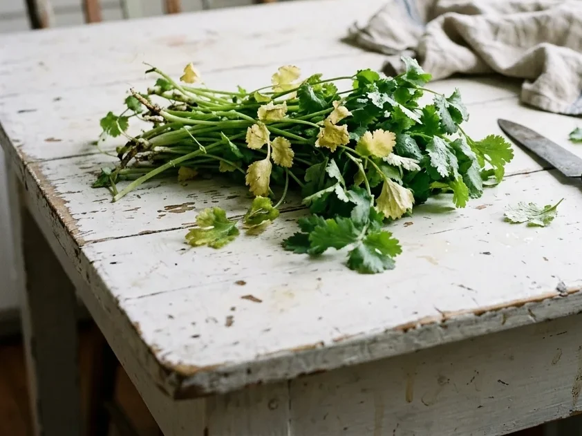A bunch of cilantro with a few pale yellow leaves among the green ones.