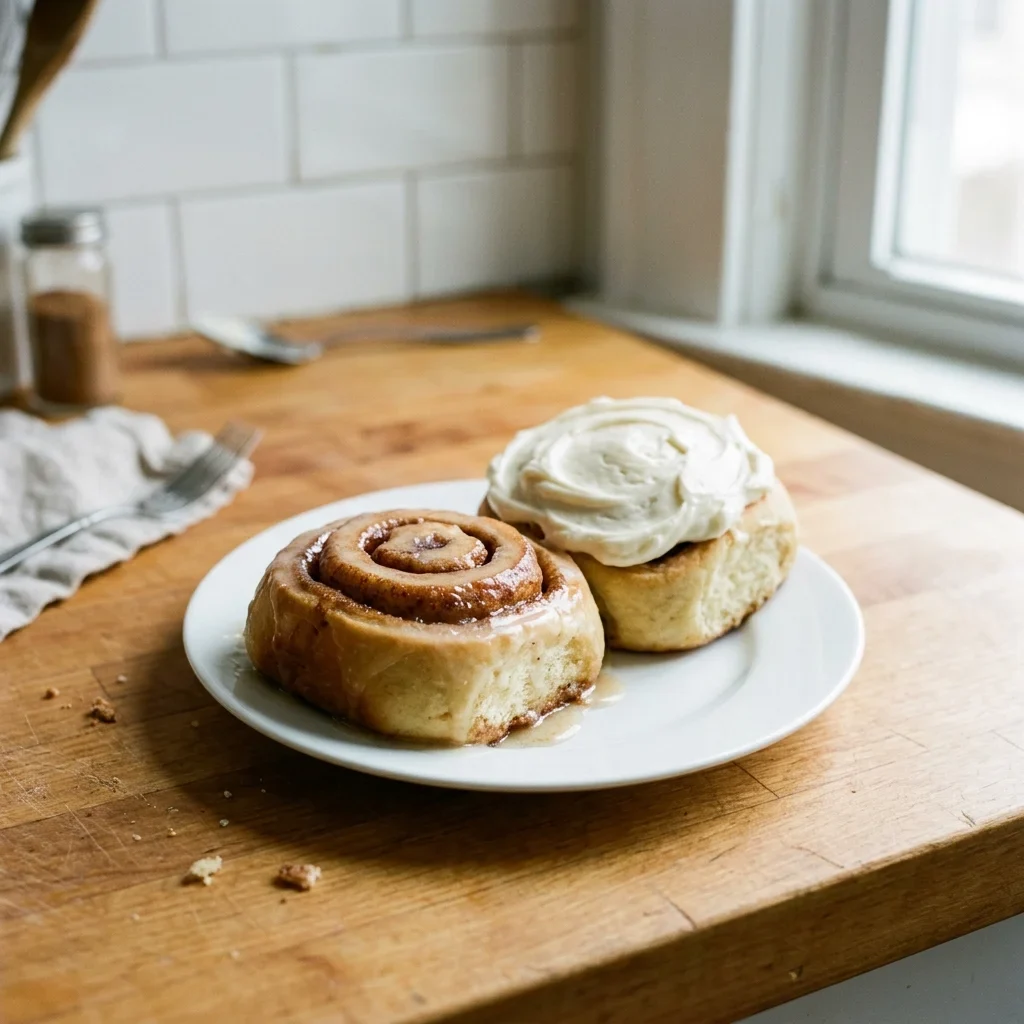 A thin sugar glaze on one cinnamon roll next to a thick white cream cheese frosting on another