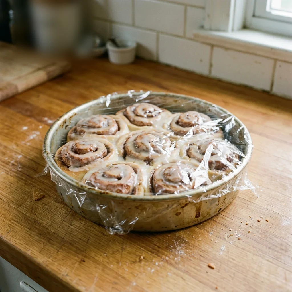 How to store cinnamon rolls: a cooled pan of glazed cinnamon rolls wrapped over the top on a kitchen counter away from the window