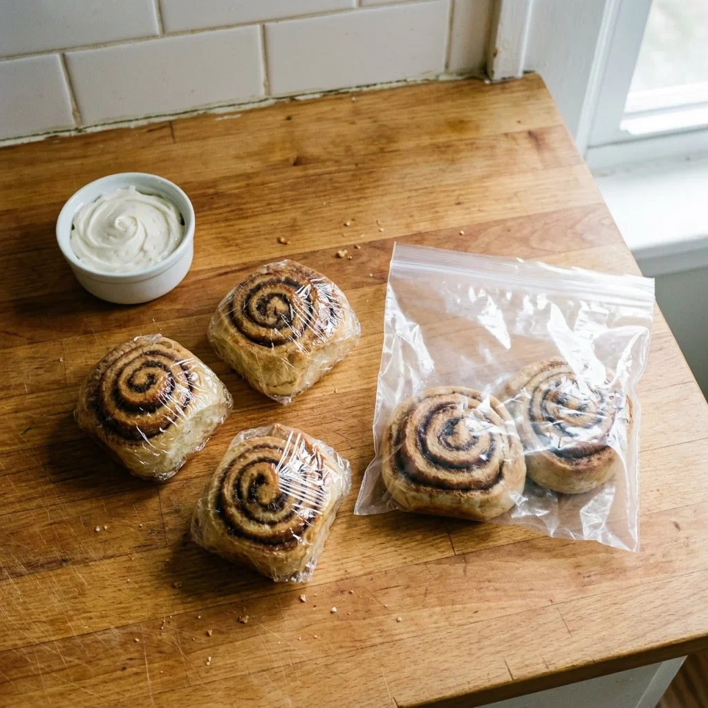 Unfrosted cinnamon rolls wrapped singly and packed flat in a plain freezer bag with the air pressed out