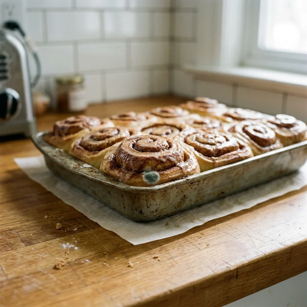 A small patch of fuzzy mold on the side of one cinnamon roll while the rest of the pan looks ordinary