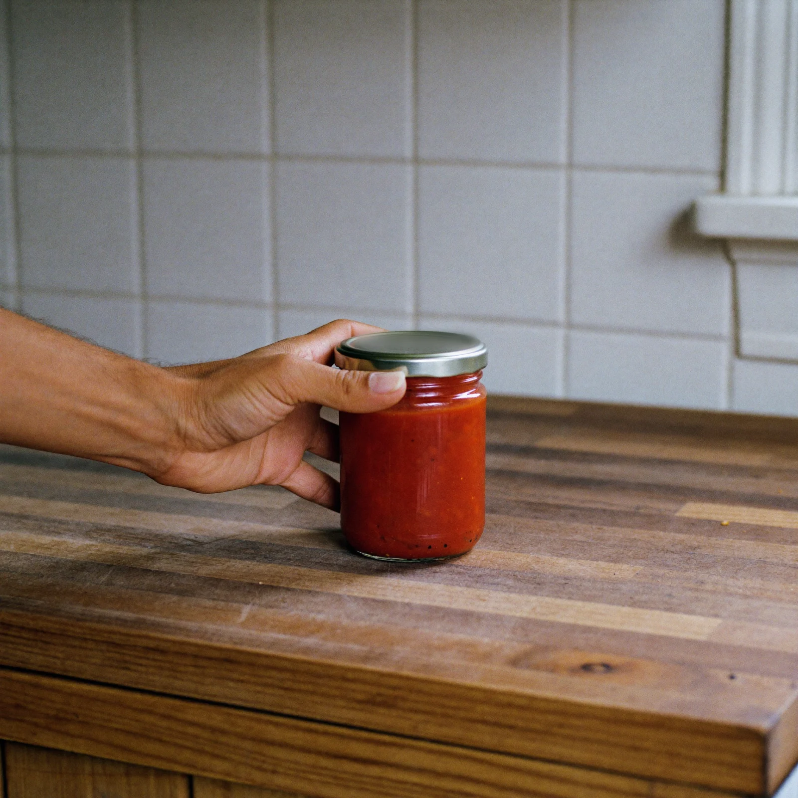 Checking the lid of a sealed jar of cocktail sauce