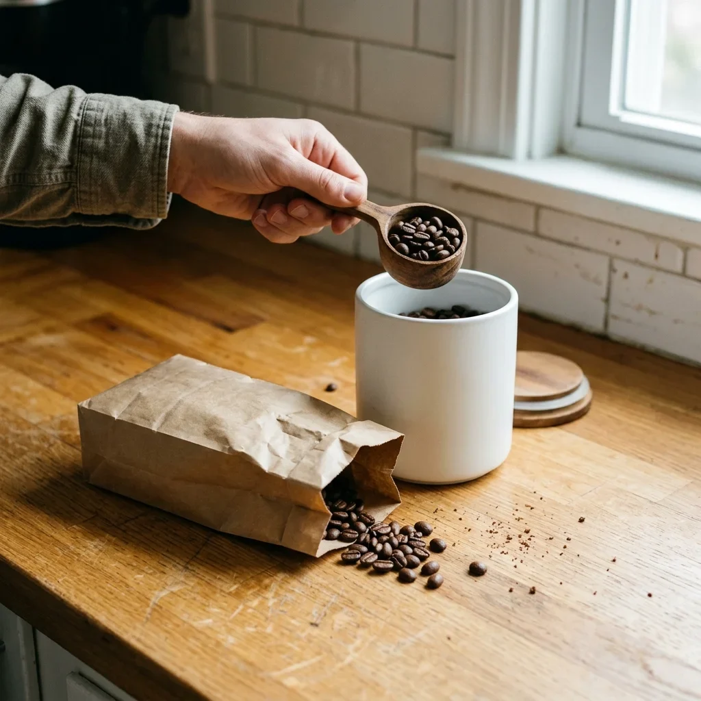 Moving coffee beans from an opened paper bag into an opaque ceramic canister