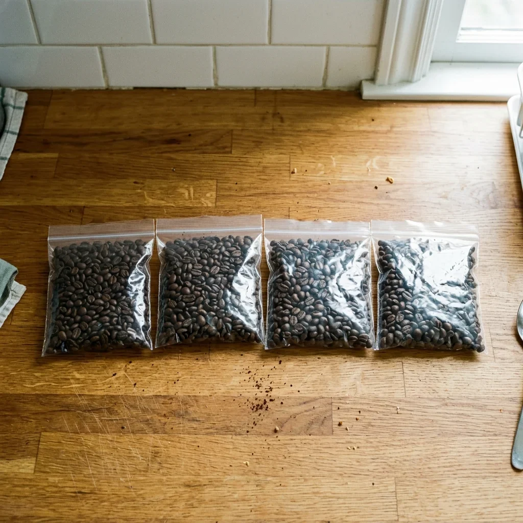 Coffee beans split into week-sized airtight portions for the freezer