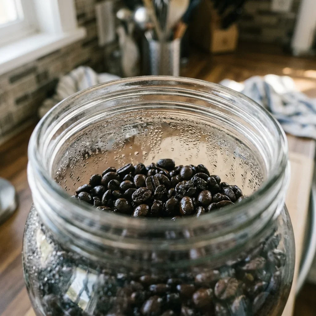 Coffee beans in a glass jar with condensation beading on the inside