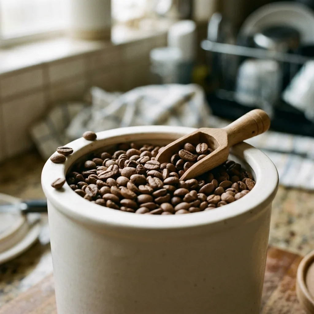 Fresh roasted coffee beans in an open ceramic canister with a wooden scoop