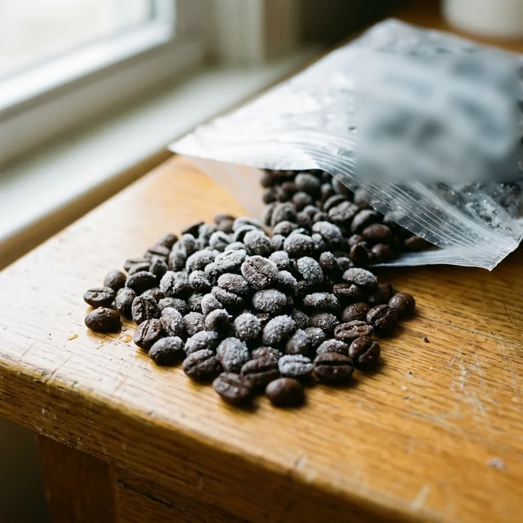 Coffee beans with ice crystals on them after the freezer