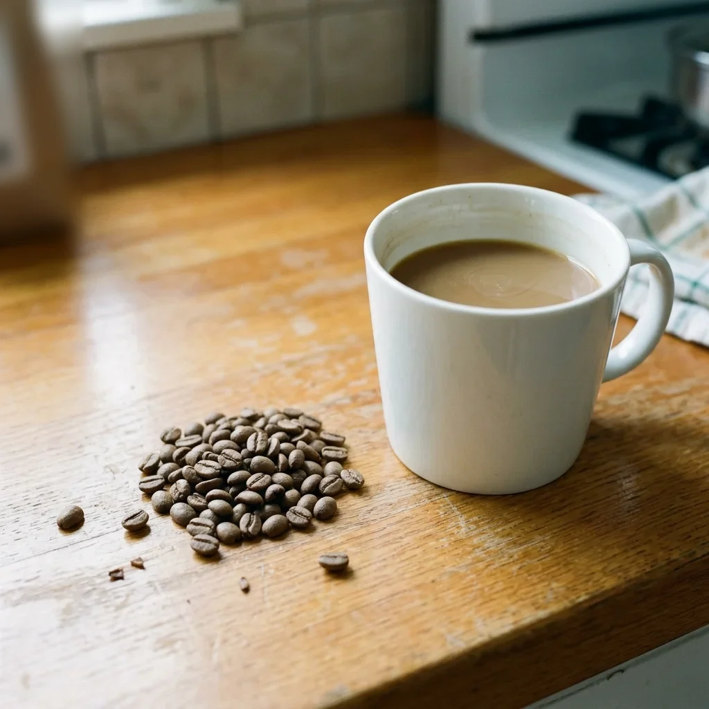 A small pile of dull, faded coffee beans beside a mug of weak coffee