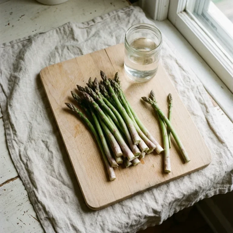 How to Store Asparagus- A bunch of fresh green asparagus spears on a beech-wood board