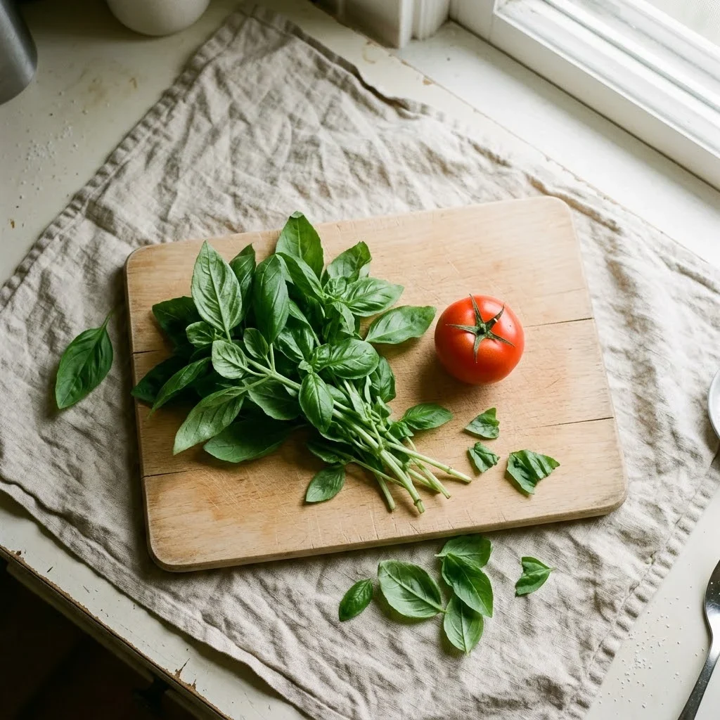 How to store Basil - A bunch of basil on a beech board with a few torn leaves and a small ripe tomato beside it.