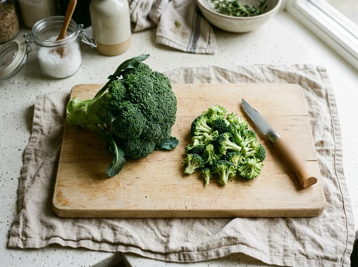 How to store Broccoli - A whole head of broccoli on a beech board with a few florets cut away beside it.