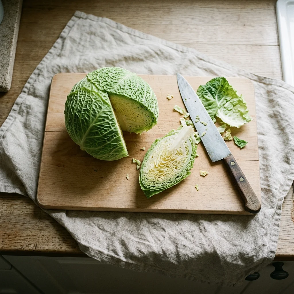 How to store Cabbage - A savoy cabbage on a beech board with one wedge cut away to show the pale layers inside.