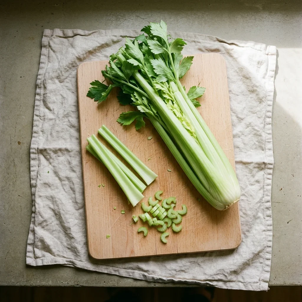 How to store Celery - A whole head of celery on a beech board with a few ribs cut beside it.
