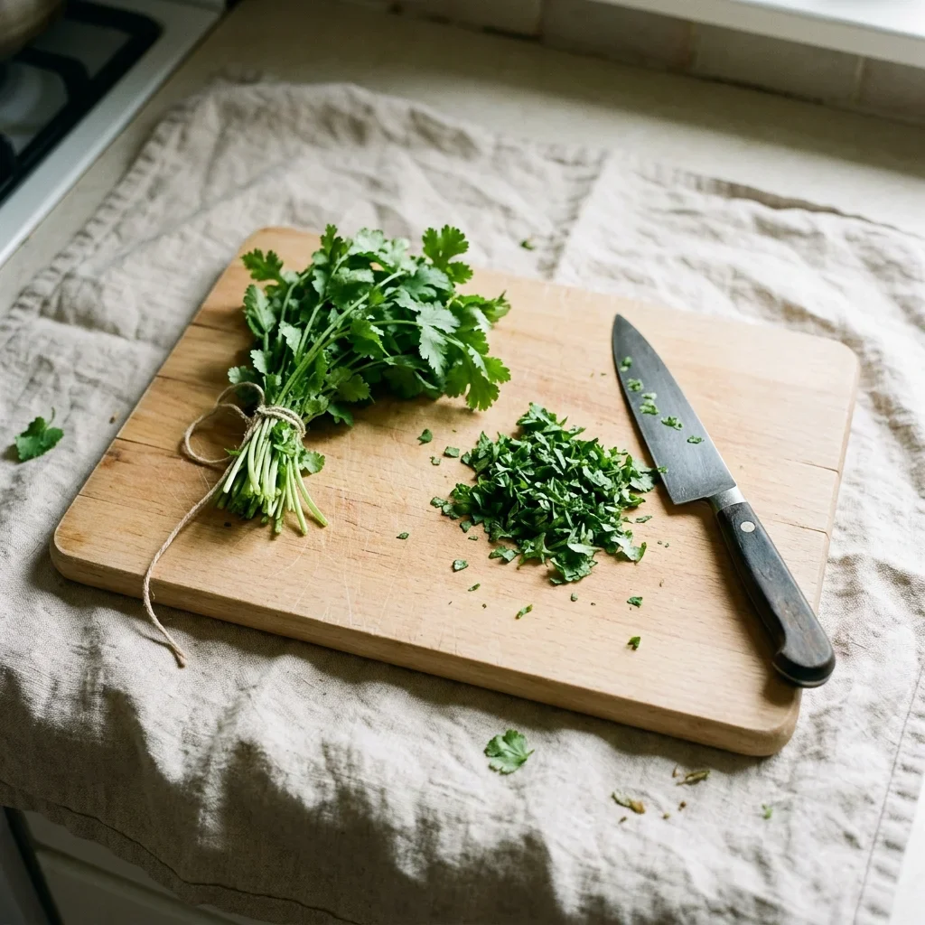 How to store Cilantro - A tied bunch of cilantro on a beech board with a small heap of chopped leaves and a knife beside it.
