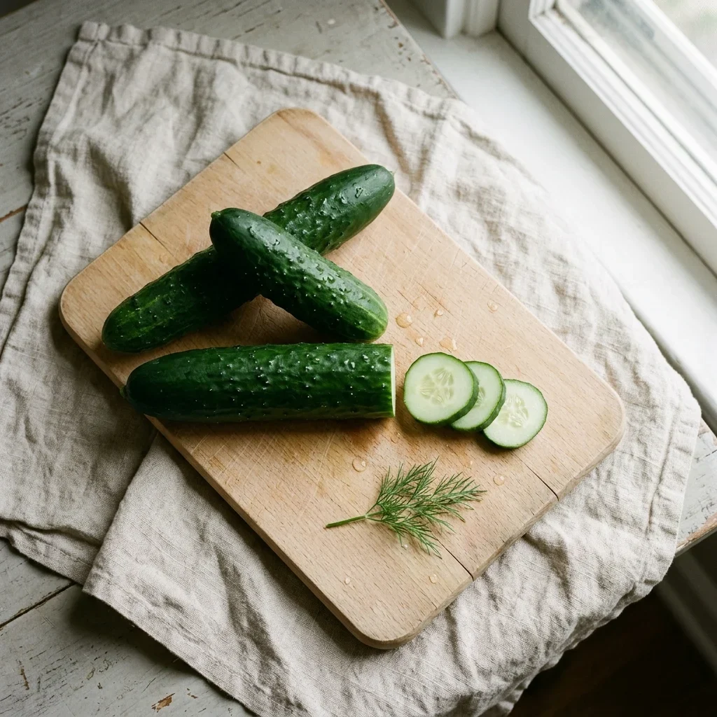 How to store Cucumbers - Three small cucumbers on a beech board with a few thick slices and a sprig of dill.